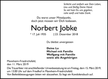 Traueranzeige von Norbert Jobke von Mannheimer Morgen