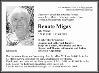 Traueranzeige von Renate Migas von Fränkische Nachrichten