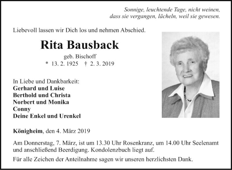  Traueranzeige für Rita Bausback vom 04.03.2019 aus Fränkische Nachrichten