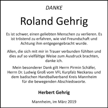 Traueranzeige von Roland Gehrig von Mannheimer Morgen