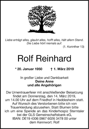 Traueranzeige von Rolf Reinhard von Mannheimer Morgen