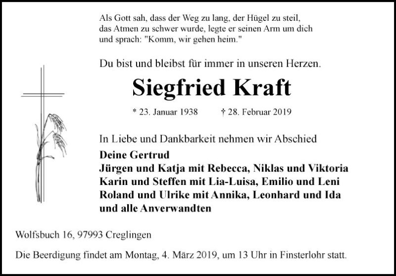  Traueranzeige für Siegfried Kraft vom 02.03.2019 aus Fränkische Nachrichten