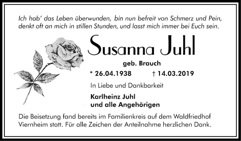  Traueranzeige für Susanne Juhl vom 26.03.2019 aus Südhessen Morgen