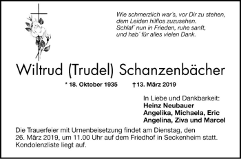 Traueranzeige von Wiltrud Trudel Schanzenbächer von Mannheimer Morgen