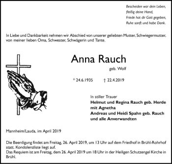 Traueranzeige von Anna Rauch von Mannheimer Morgen