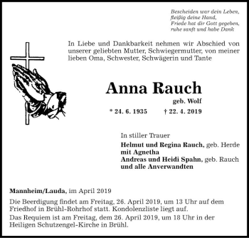 Traueranzeige von Anna Rauch von Fränkische Nachrichten