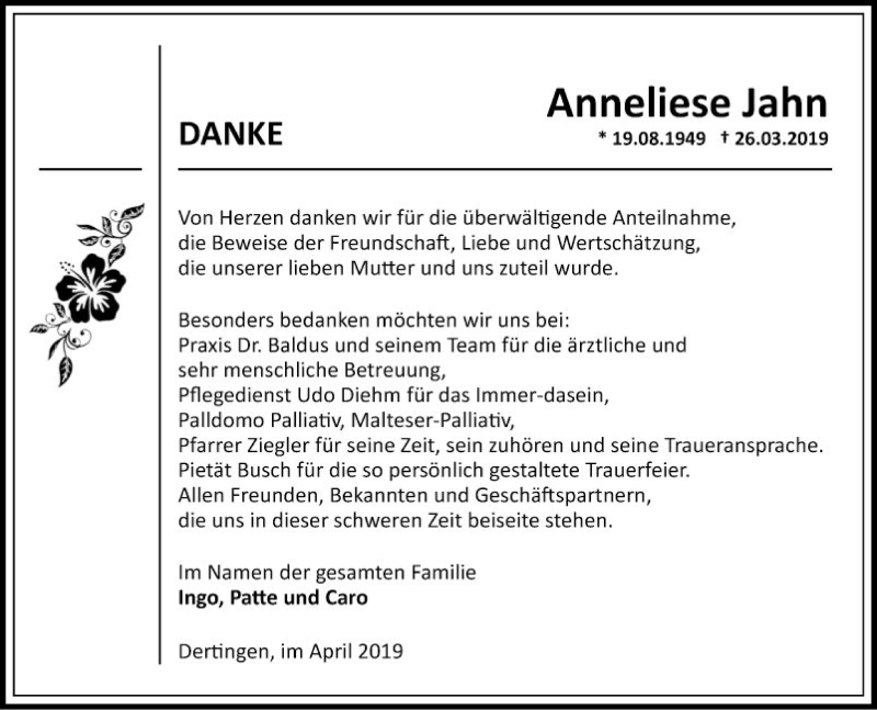  Traueranzeige für Anneliese Jahn vom 20.04.2019 aus Fränkische Nachrichten