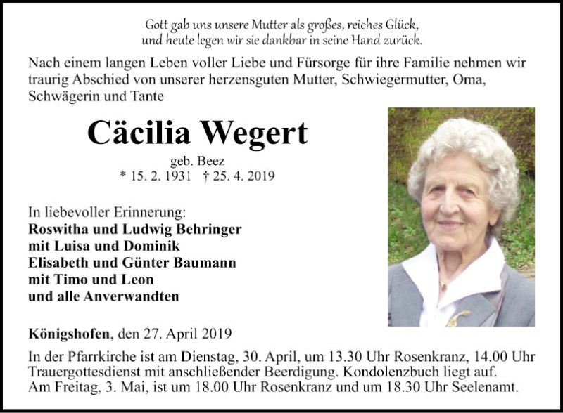  Traueranzeige für Cäcilia Wegert vom 27.04.2019 aus Fränkische Nachrichten