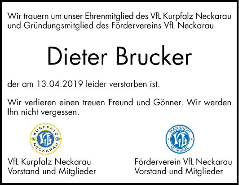  Traueranzeige für Dieter Brucker vom 27.04.2019 aus Mannheimer Morgen