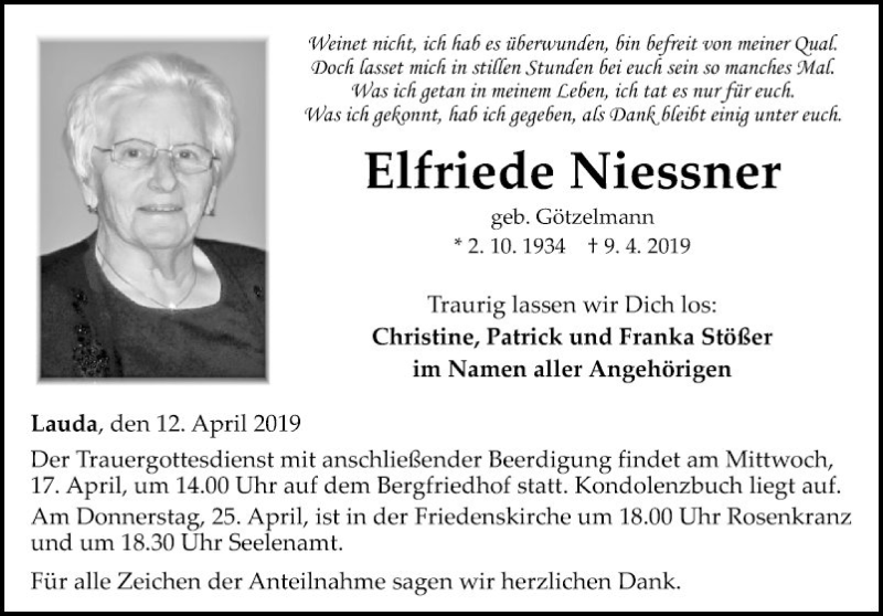  Traueranzeige für Elfriede Niessner vom 12.04.2019 aus Fränkische Nachrichten