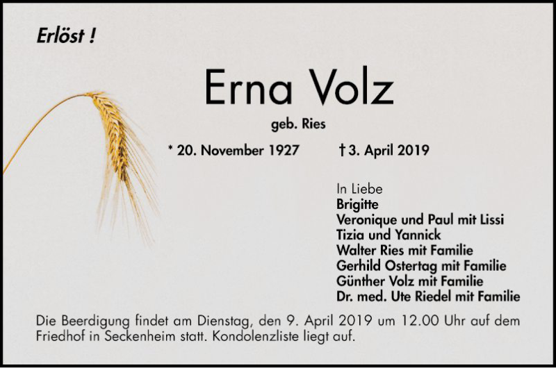  Traueranzeige für Erna Volz vom 06.04.2019 aus Mannheimer Morgen