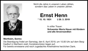 Traueranzeige von Ernst Henn von Fränkische Nachrichten