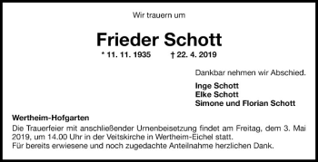 Traueranzeige von Frieder Schott von Fränkische Nachrichten