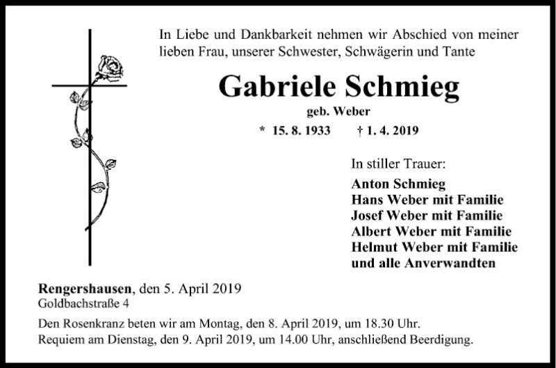  Traueranzeige für Gabriele Schmieg vom 05.04.2019 aus Fränkische Nachrichten