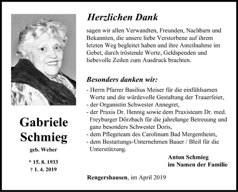  Traueranzeige für Gabriele Schmieg vom 27.04.2019 aus Fränkische Nachrichten