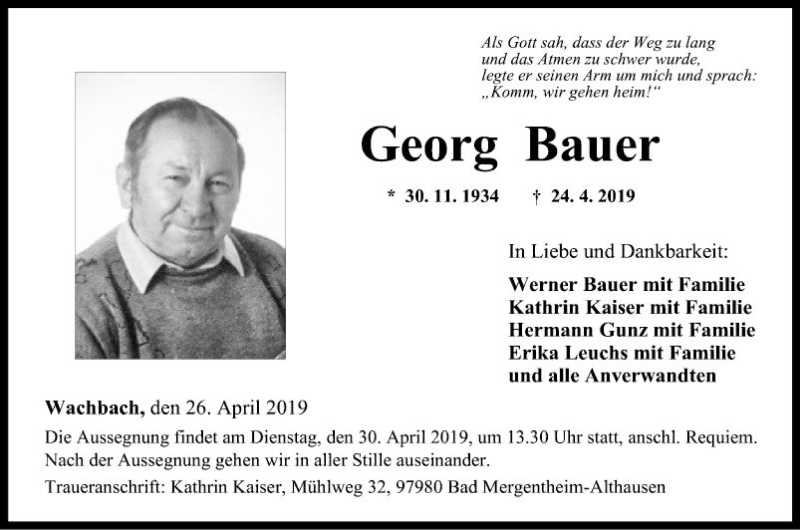  Traueranzeige für Georg Bauer vom 26.04.2019 aus Fränkische Nachrichten