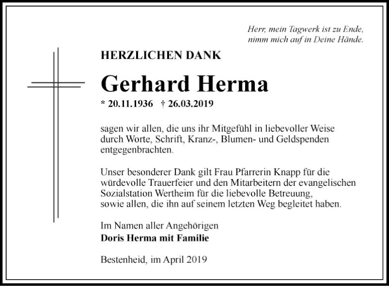  Traueranzeige für Gerhard Herma vom 13.04.2019 aus Fränkische Nachrichten