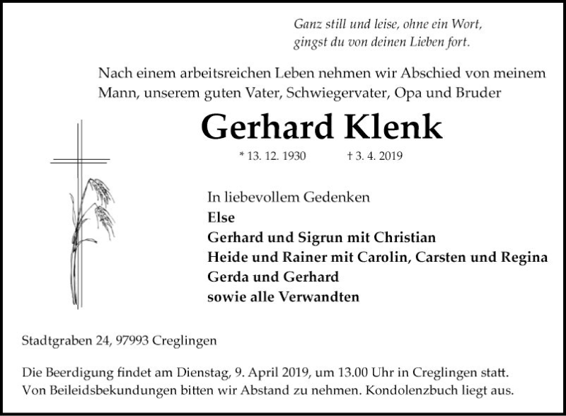  Traueranzeige für Gerhard Klenk vom 05.04.2019 aus Fränkische Nachrichten
