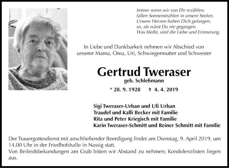  Traueranzeige für Gertrud Tweraser vom 06.04.2019 aus Fränkische Nachrichten