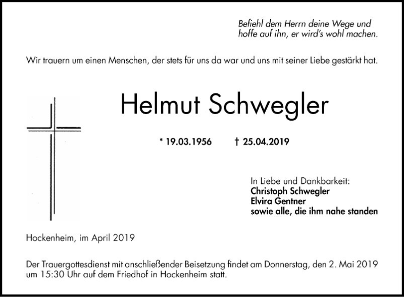  Traueranzeige für Helmut Schwegler vom 29.04.2019 aus Schwetzinger Zeitung