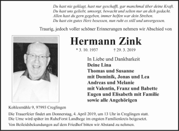 Traueranzeige von Hermann Zink von Fränkische Nachrichten