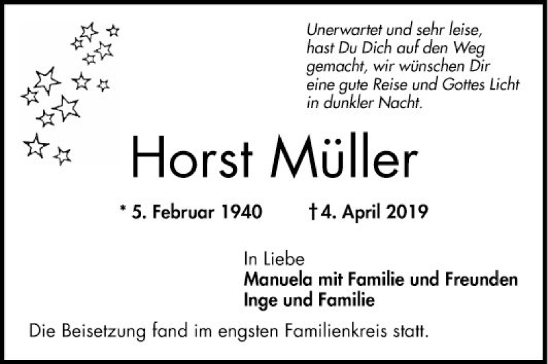  Traueranzeige für Horst Müller vom 27.04.2019 aus Mannheimer Morgen