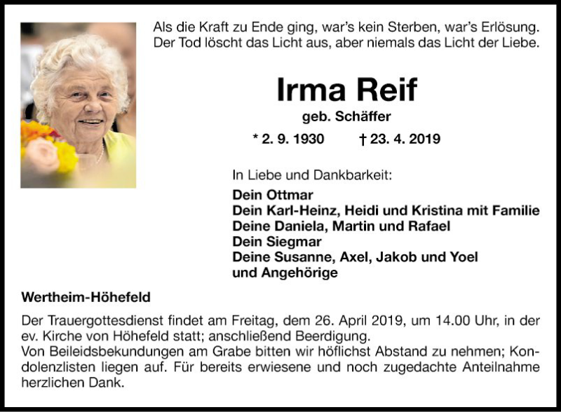  Traueranzeige für Irma Reif vom 25.04.2019 aus Fränkische Nachrichten