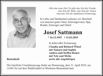 Traueranzeige von Josef Sattmann von Fränkische Nachrichten