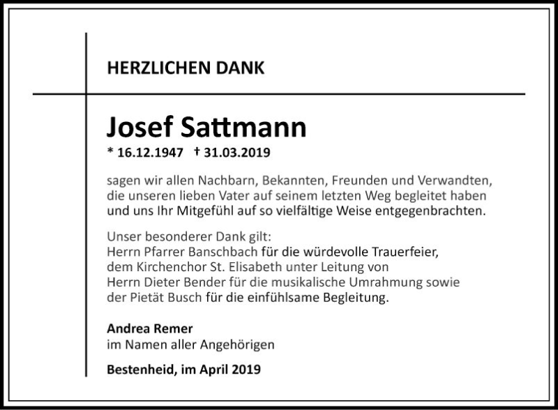  Traueranzeige für Josef Sattmann vom 20.04.2019 aus Fränkische Nachrichten