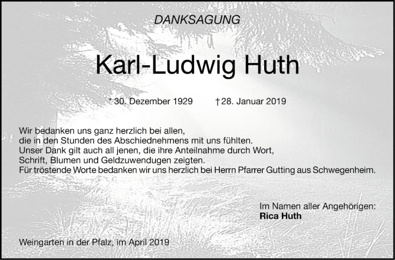  Traueranzeige für Karl-Ludwig Huth vom 18.04.2019 aus Südhessen Morgen