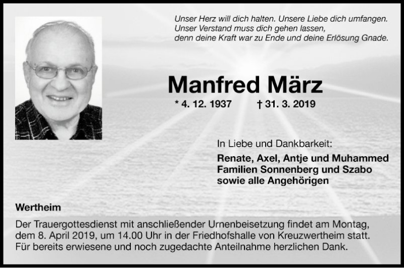  Traueranzeige für Manfred März vom 03.04.2019 aus Fränkische Nachrichten