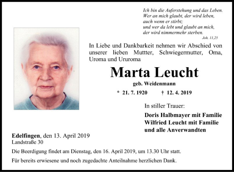  Traueranzeige für Maria Leucht vom 13.04.2019 aus Fränkische Nachrichten