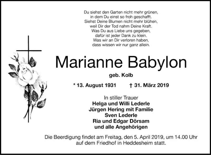 Traueranzeige für Marianne Babylon vom 03.04.2019 aus Mannheimer Morgen