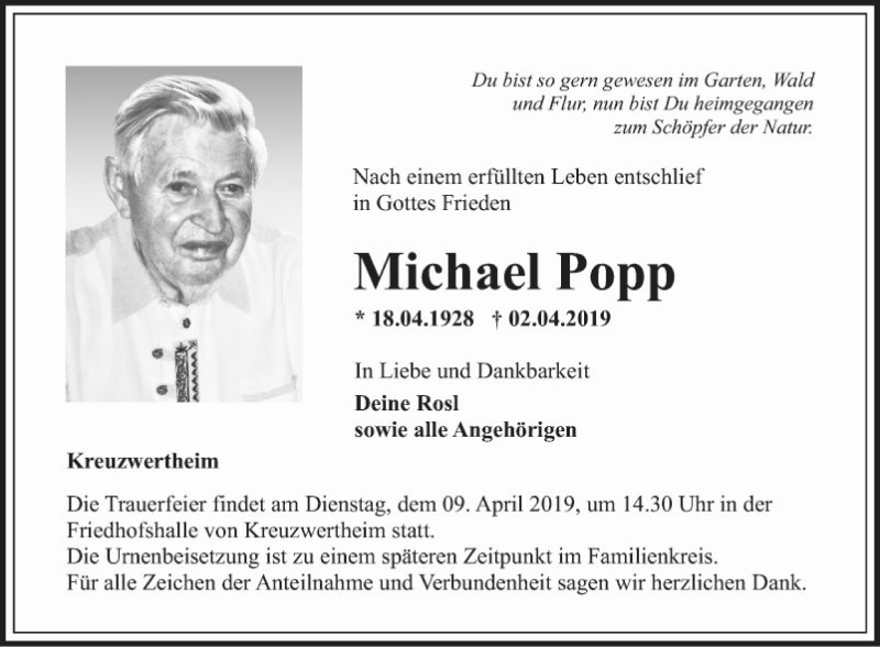  Traueranzeige für Michael Popp vom 06.04.2019 aus Fränkische Nachrichten