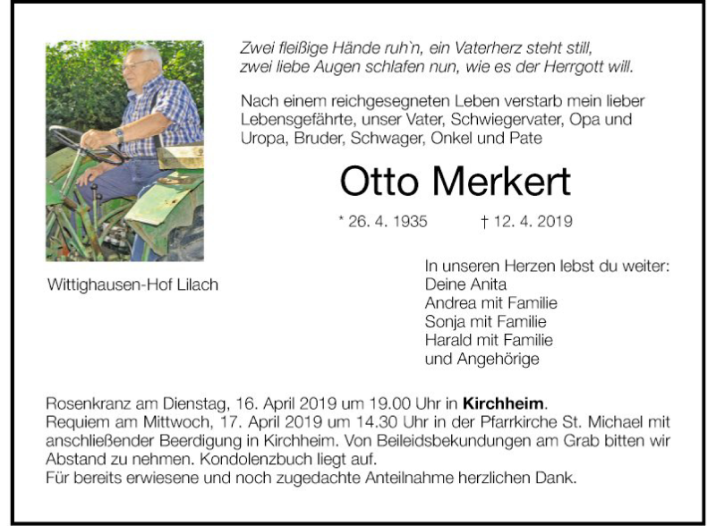  Traueranzeige für Otto Merken vom 15.04.2019 aus Fränkische Nachrichten