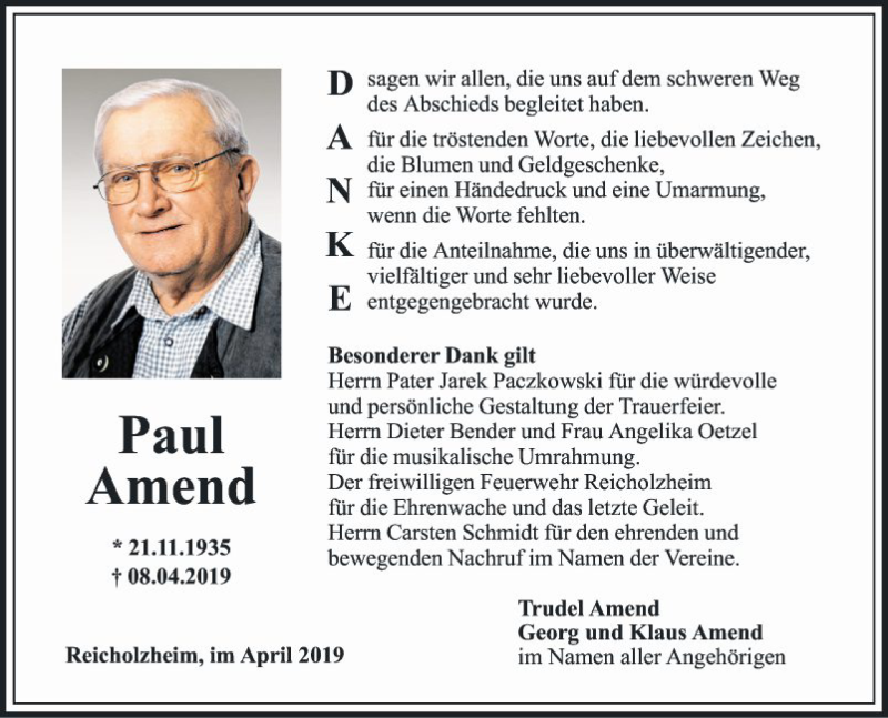  Traueranzeige für Paul Amend vom 27.04.2019 aus Fränkische Nachrichten