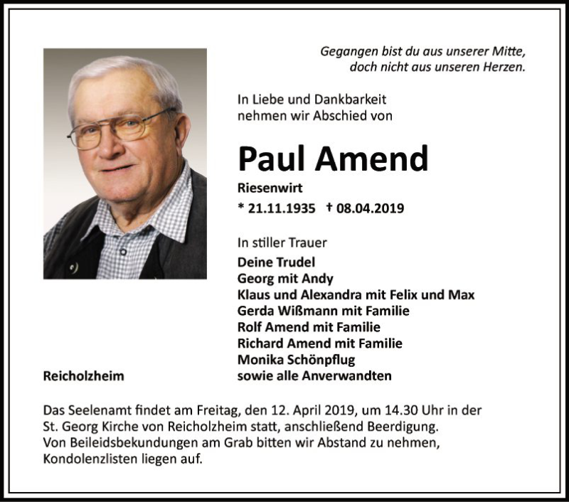  Traueranzeige für Paul Amend vom 10.04.2019 aus Fränkische Nachrichten
