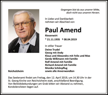 Traueranzeige von Paul Amend von Fränkische Nachrichten