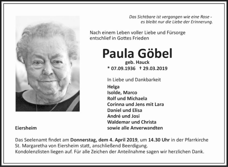  Traueranzeige für Paula Göbel vom 02.04.2019 aus Fränkische Nachrichten