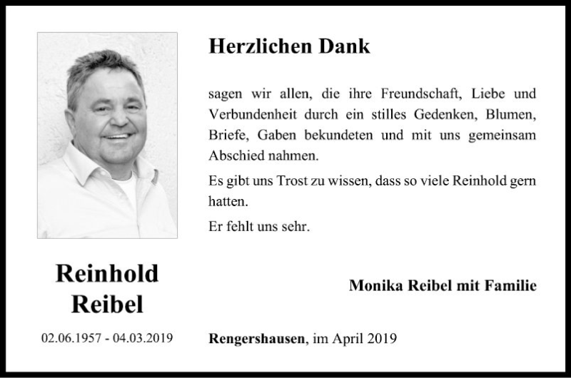  Traueranzeige für Reinhold Reibel vom 06.04.2019 aus Fränkische Nachrichten