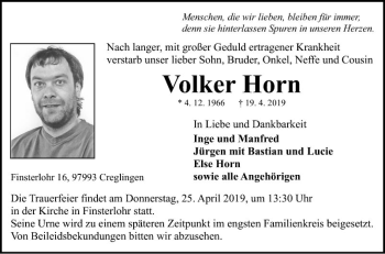 Traueranzeige von Volker Horn von Fränkische Nachrichten