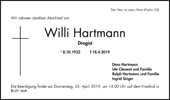 Traueranzeige von Willi Hartmann von Mannheimer Morgen
