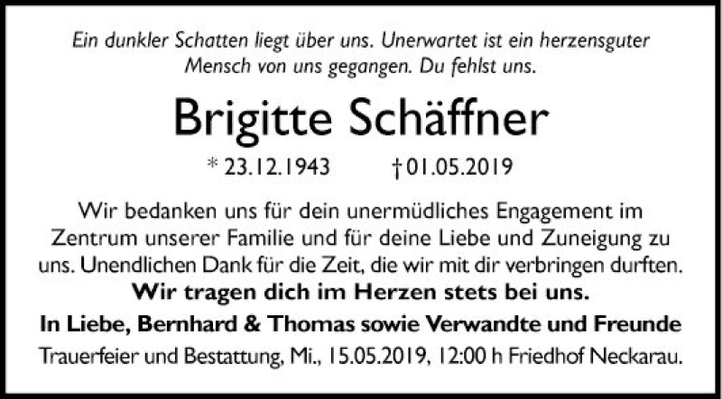  Traueranzeige für Brigitte Schäffner vom 11.05.2019 aus Mannheimer Morgen