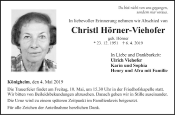 Traueranzeige von Christl Hörner-Viechofer von Fränkische Nachrichten
