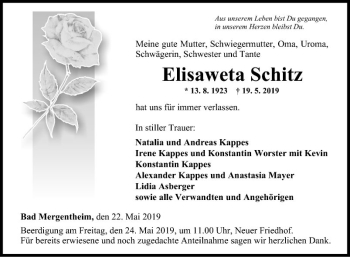 Traueranzeige von Elisaweta Schitz von Fränkische Nachrichten