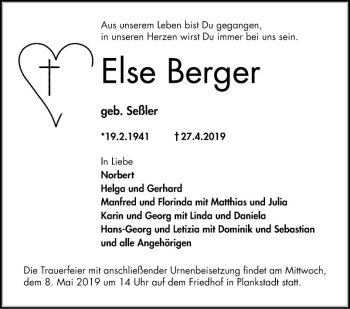 Traueranzeige von Else Berger von Schwetzinger Zeitung