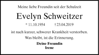 Traueranzeige von Evelyn Schweitzer von Mannheimer Morgen