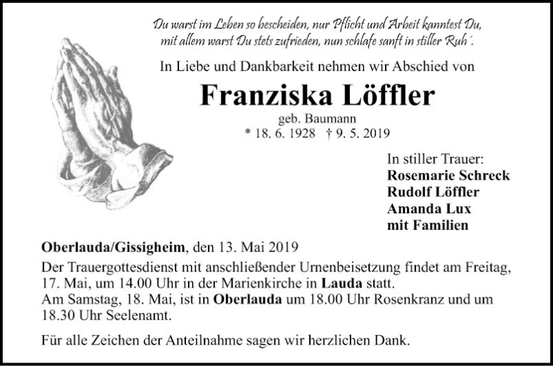  Traueranzeige für Franziska Löffler vom 13.05.2019 aus Fränkische Nachrichten