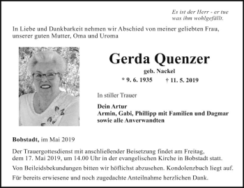 Traueranzeige von Gerda Quenzer von Fränkische Nachrichten