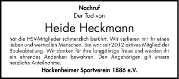 Traueranzeige von Heide Heckmann von Schwetzinger Zeitung